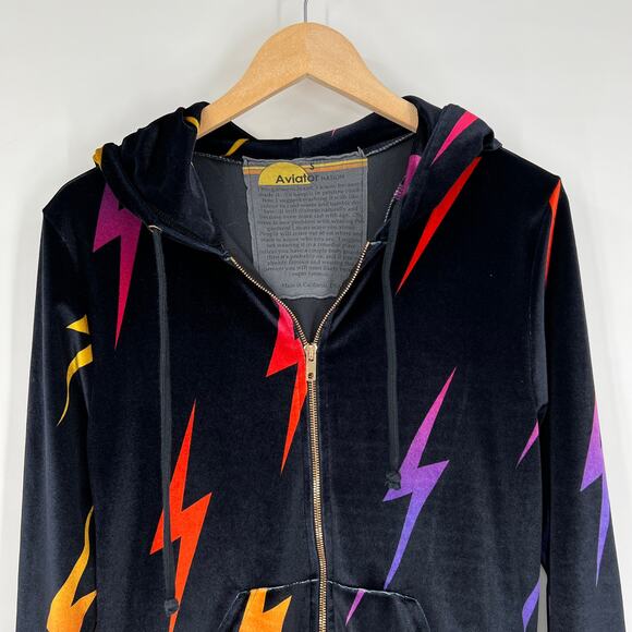 Aviator Nation Lightning Bolt Velvet Velour Zip-Up Hoodie Size Small - Picture 5 of 6